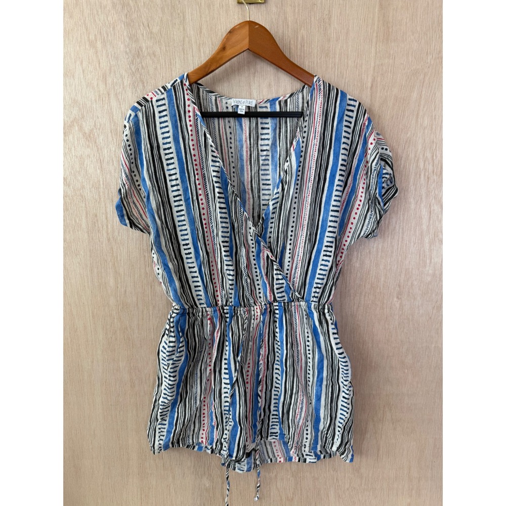 Patrons of Peace Womens Blue Striped Wrap Front Romper Size M Boho Short Sleeve